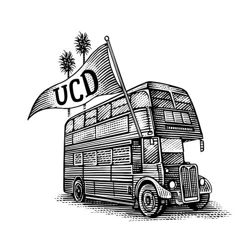 Ink illustration of vintage double-decker bus flying a UCD flag