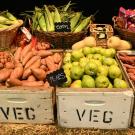 A variety of vegetables and fruits are on display.